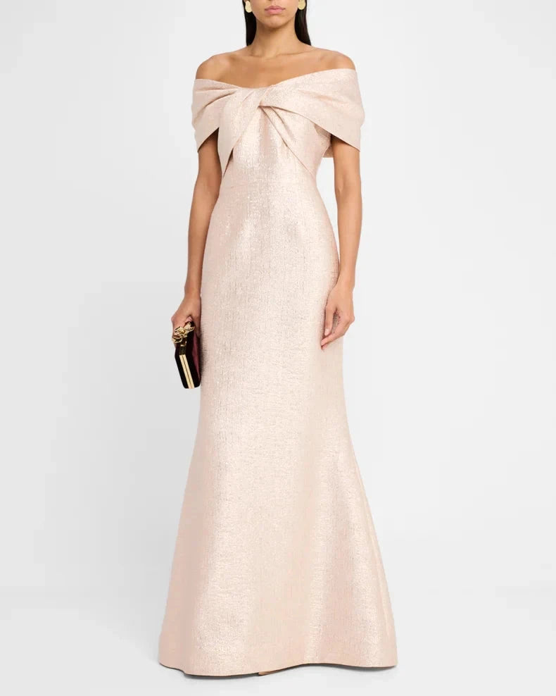 Glamorous Exquisite Rose Gold Metallic Mermaid Silhouette Off-the-Shoulder Neck Short Sleeves Floor-Length Evening Dress by LANQI DRESS