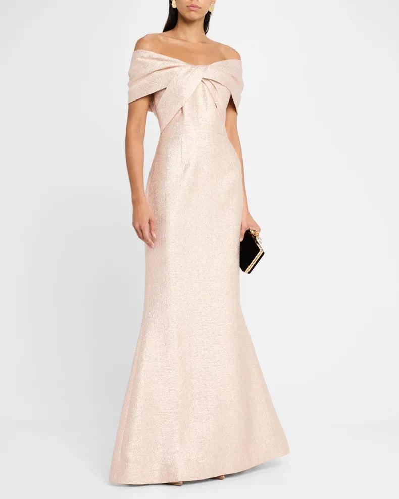 Glamorous Exquisite Rose Gold Metallic Mermaid Silhouette Off-the-Shoulder Neck Short Sleeves Floor-Length Evening Dress by LANQI DRESS