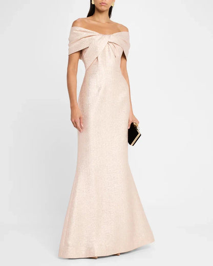 Glamorous Exquisite Rose Gold Metallic Mermaid Silhouette Off-the-Shoulder Neck Short Sleeves Floor-Length Evening Dress by LANQI DRESS