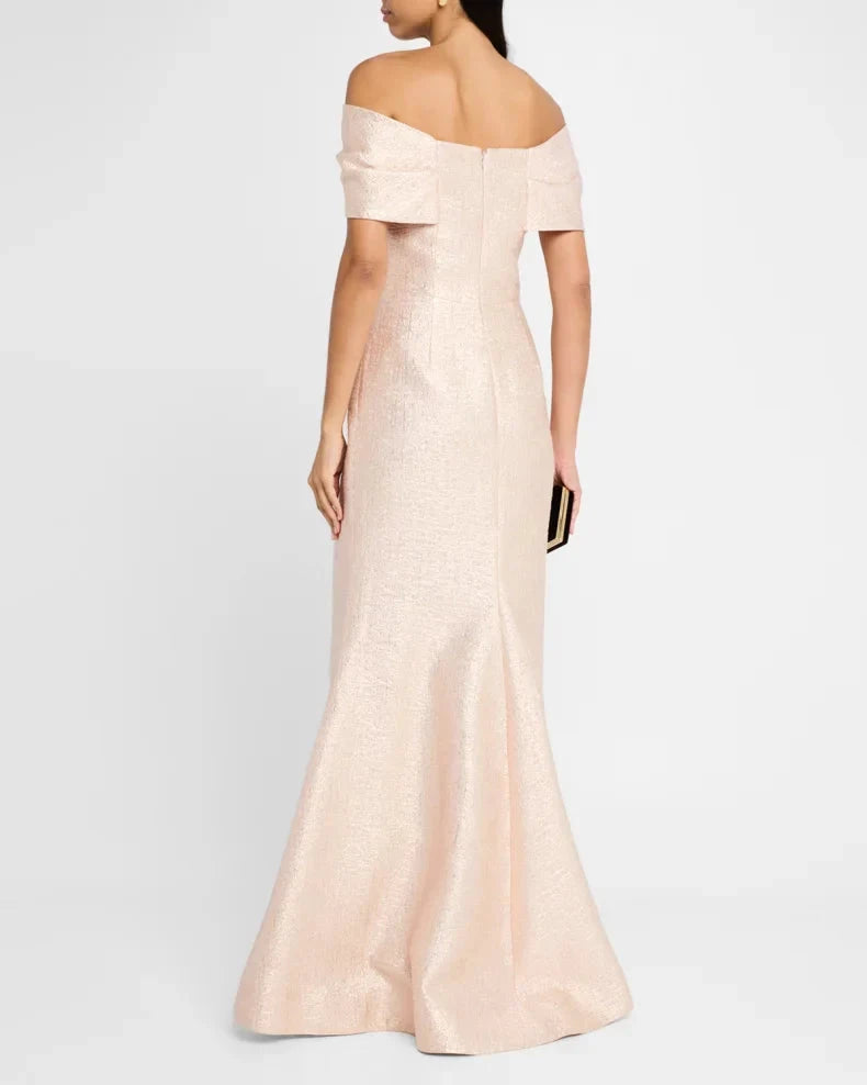 Glamorous Exquisite Rose Gold Metallic Mermaid Silhouette Off-the-Shoulder Neck Short Sleeves Floor-Length Evening Dress by LANQI DRESS
