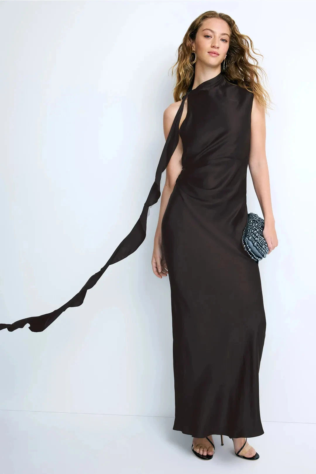 Glamorous Figure-Flattering Solid Satin Draped Maxi High Neck Sleeveless Open Back Adjustable Tie Dramatic Ruffle Detail Floor-Length Formal Evening Dresses by LANQI DRESS