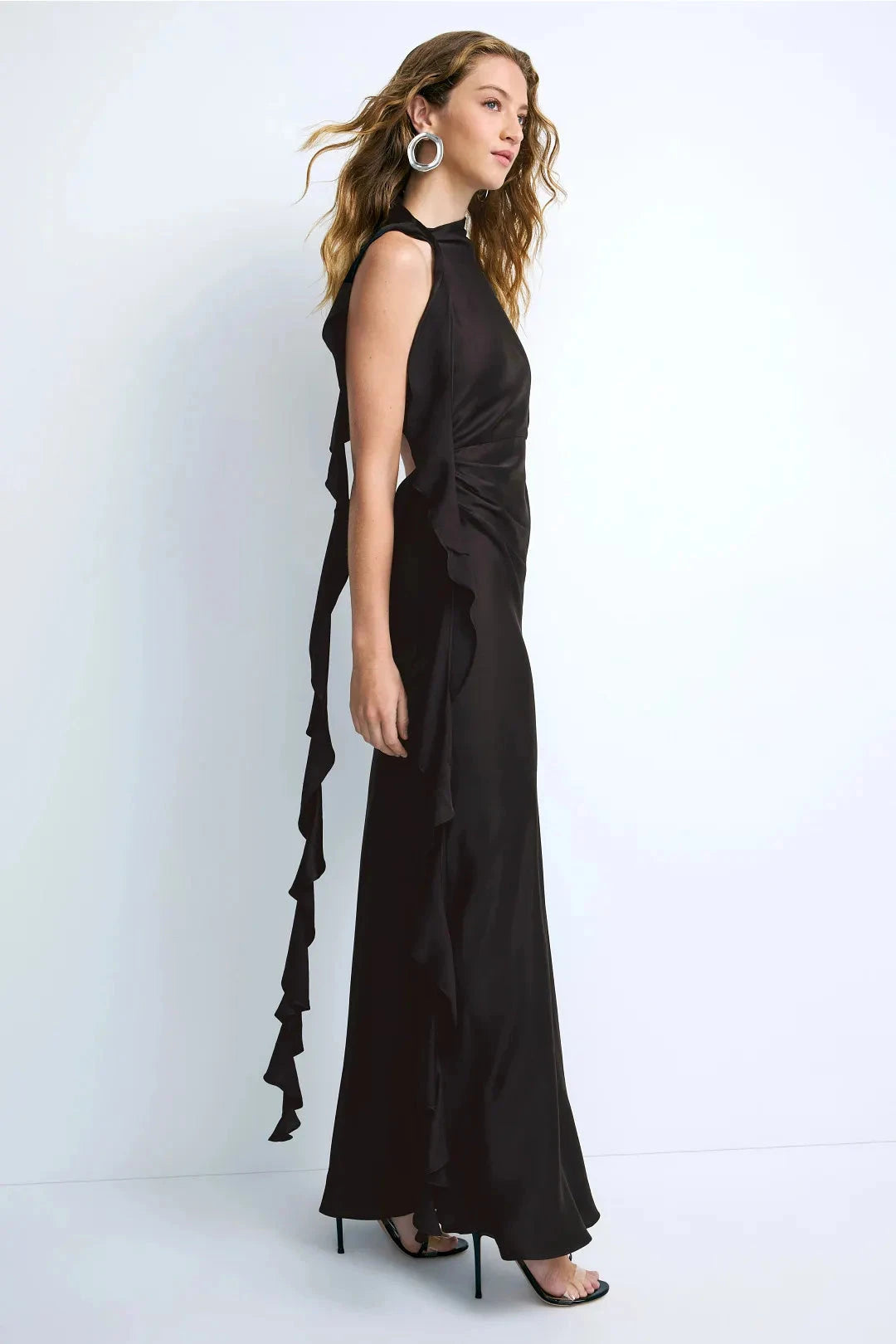 Glamorous Figure-Flattering Solid Satin Draped Maxi High Neck Sleeveless Open Back Adjustable Tie Dramatic Ruffle Detail Floor-Length Formal Evening Dresses by LANQI DRESS