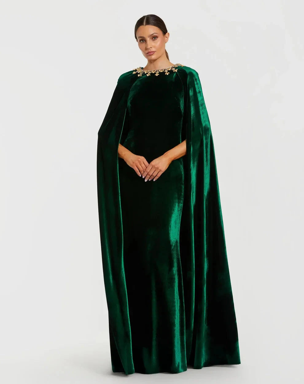 Glamorous Form-Fitting Column Silhouette High Neck Cape Sleeve Velvet Beaded Maxi Evening Dress by LANQI DRESS
