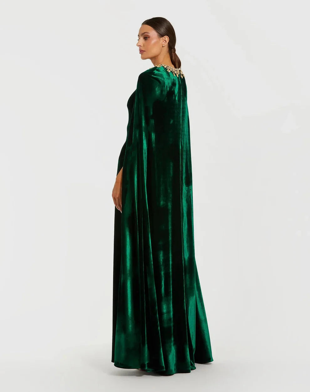 Glamorous Form-Fitting Column Silhouette High Neck Cape Sleeve Velvet Beaded Maxi Evening Dress by LANQI DRESS