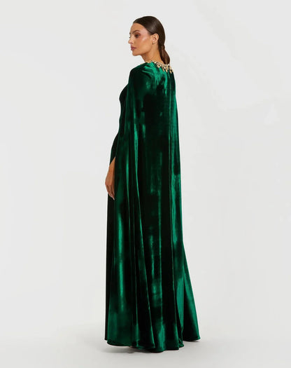 Glamorous Form-Fitting Column Silhouette High Neck Cape Sleeve Velvet Beaded Maxi Evening Dress by LANQI DRESS