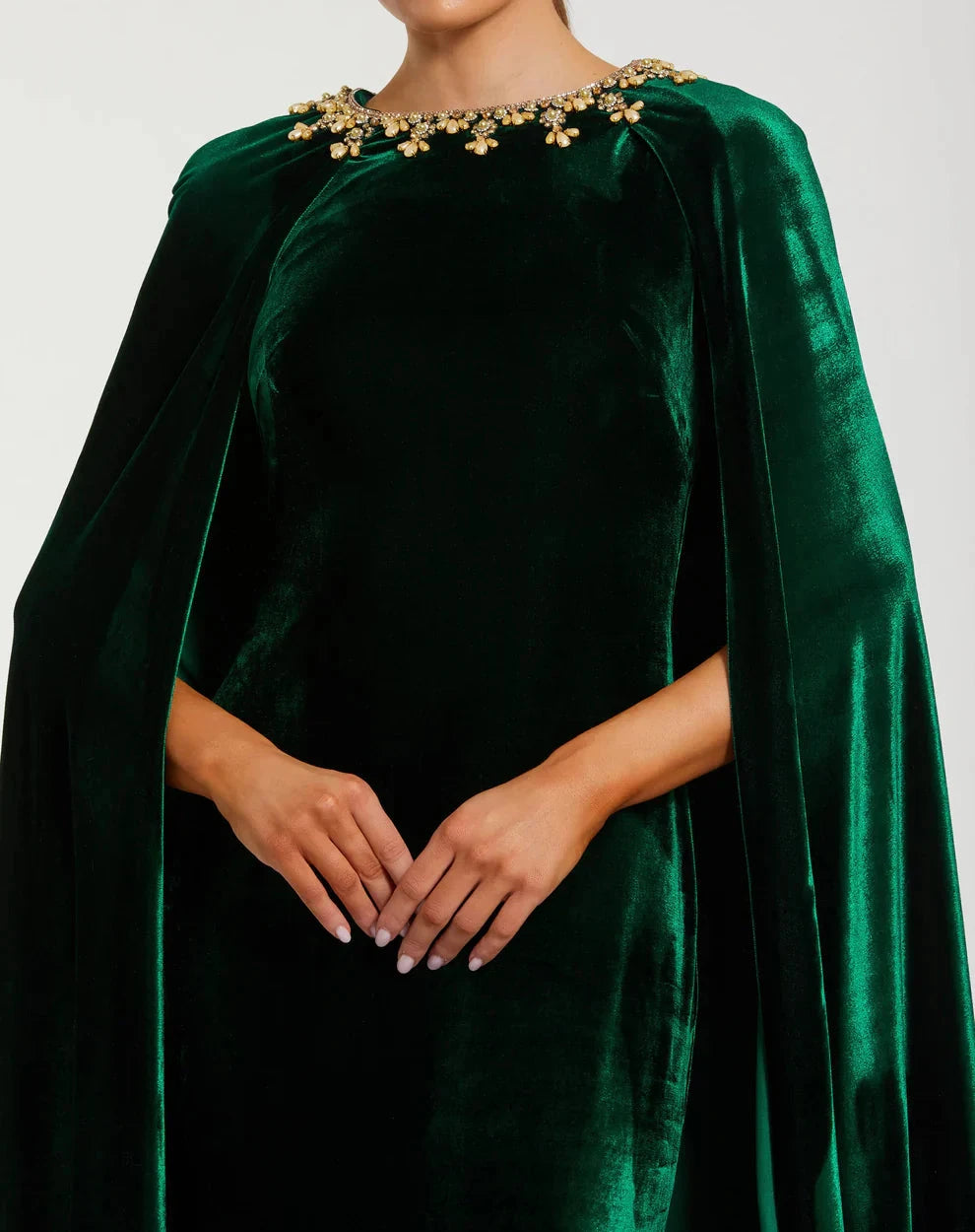 Glamorous Form-Fitting Column Silhouette High Neck Cape Sleeve Velvet Beaded Maxi Evening Dress by LANQI DRESS