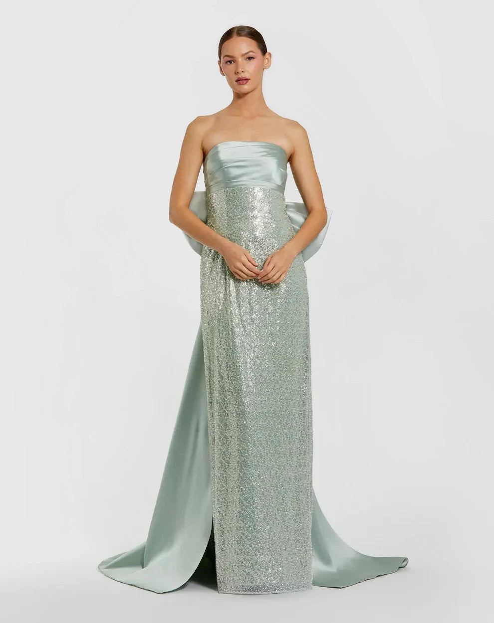 Glamorous Form-Fitting Column Silhouette Strapless Sequin Oversized Bow Maxi Evening Dress by LANQI DRESS