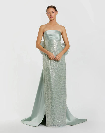Glamorous Form-Fitting Column Silhouette Strapless Sequin Oversized Bow Maxi Evening Dress by LANQI DRESS
