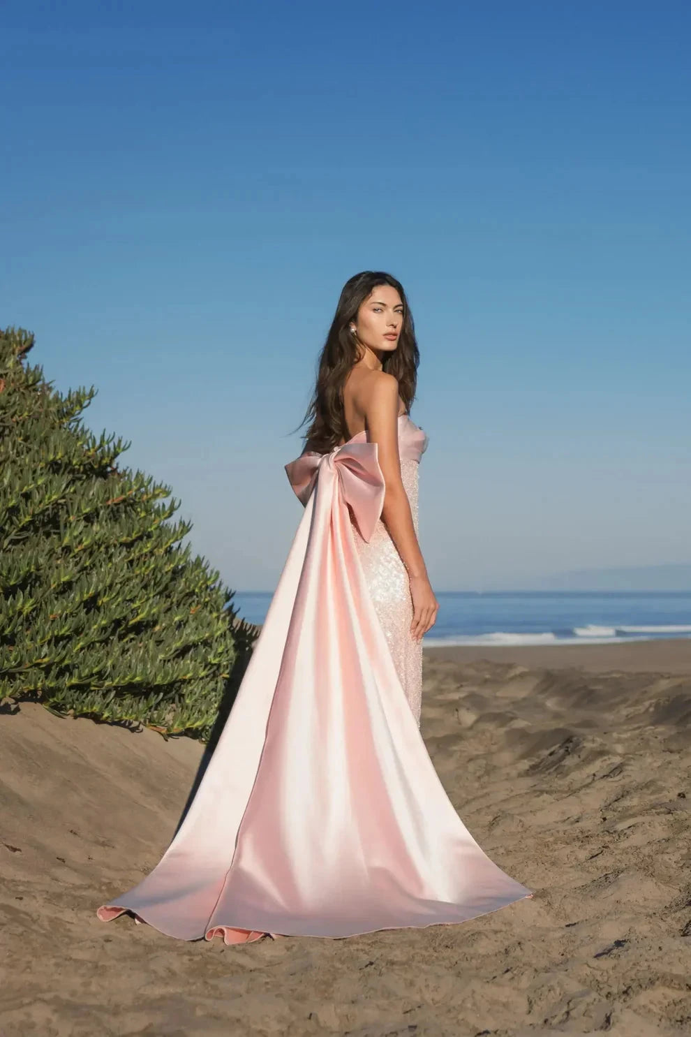 Glamorous Form-Fitting Column Silhouette Strapless Sequin Oversized Bow Maxi Evening Dress by LANQI DRESS