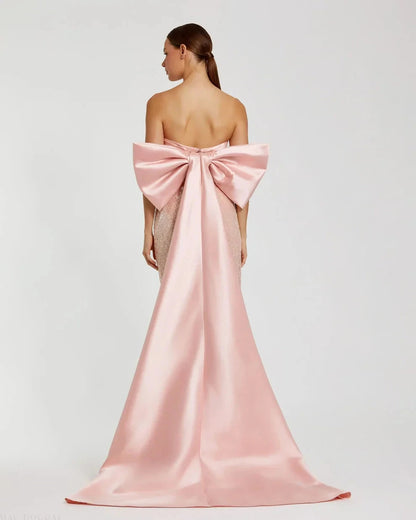 Glamorous Form-Fitting Column Silhouette Strapless Sequin Oversized Bow Maxi Evening Dress by LANQI DRESS