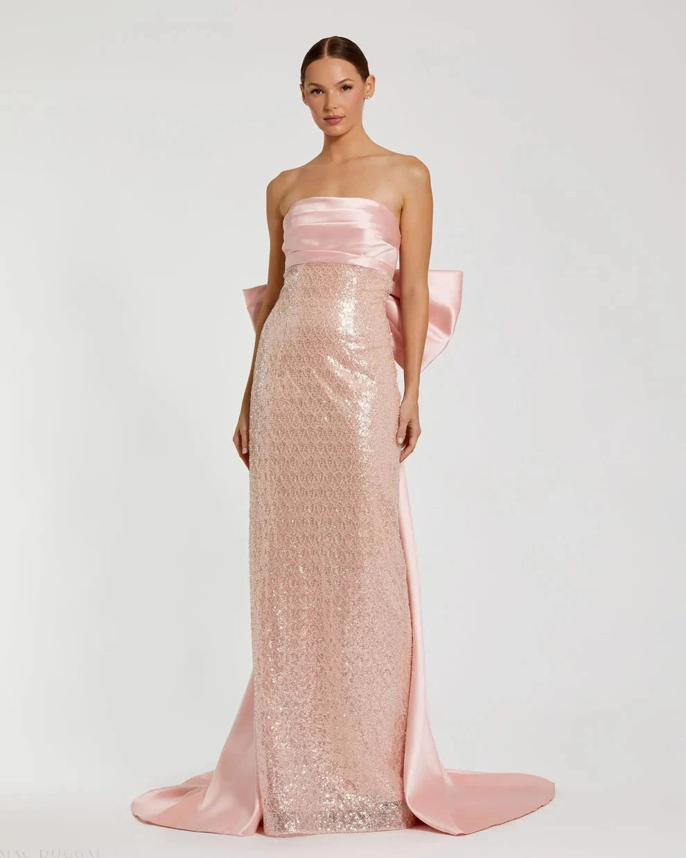 Glamorous Form-Fitting Column Silhouette Strapless Sequin Oversized Bow Maxi Evening Dress by LANQI DRESS