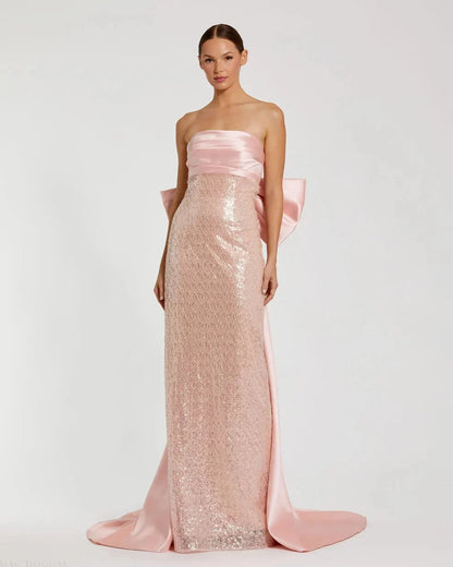 Glamorous Form-Fitting Column Silhouette Strapless Sequin Oversized Bow Maxi Evening Dress by LANQI DRESS