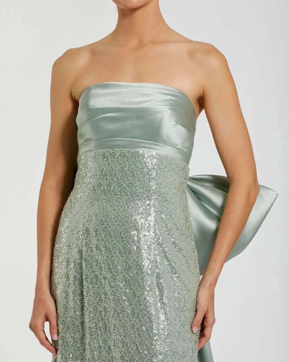 Glamorous Form-Fitting Column Silhouette Strapless Sequin Oversized Bow Maxi Evening Dress by LANQI DRESS
