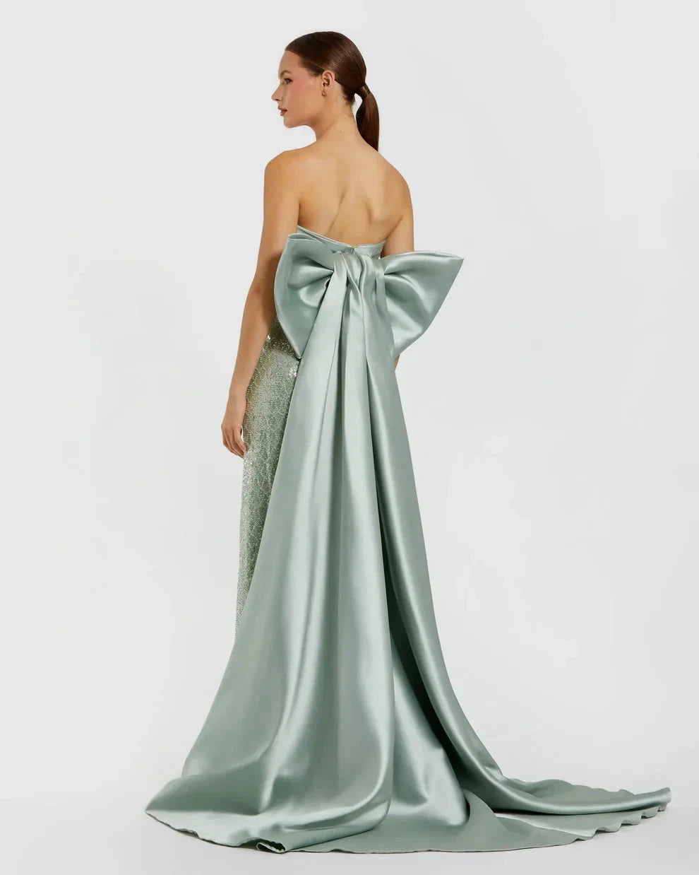 Glamorous Form-Fitting Column Silhouette Strapless Sequin Oversized Bow Maxi Evening Dress by LANQI DRESS