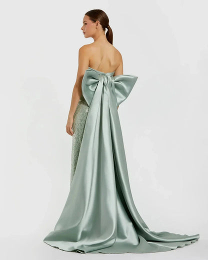 Glamorous Form-Fitting Column Silhouette Strapless Sequin Oversized Bow Maxi Evening Dress by LANQI DRESS