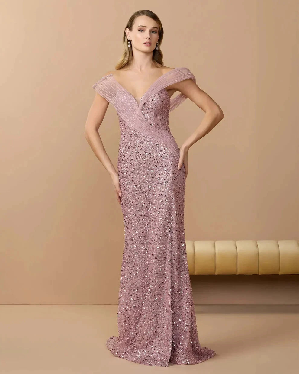 Glamorous Form-Fitting Mermaid Silhouette Off-the-Shoulder Tulle Strap Sequin Maxi Evening Dress by LANQI DRESS
