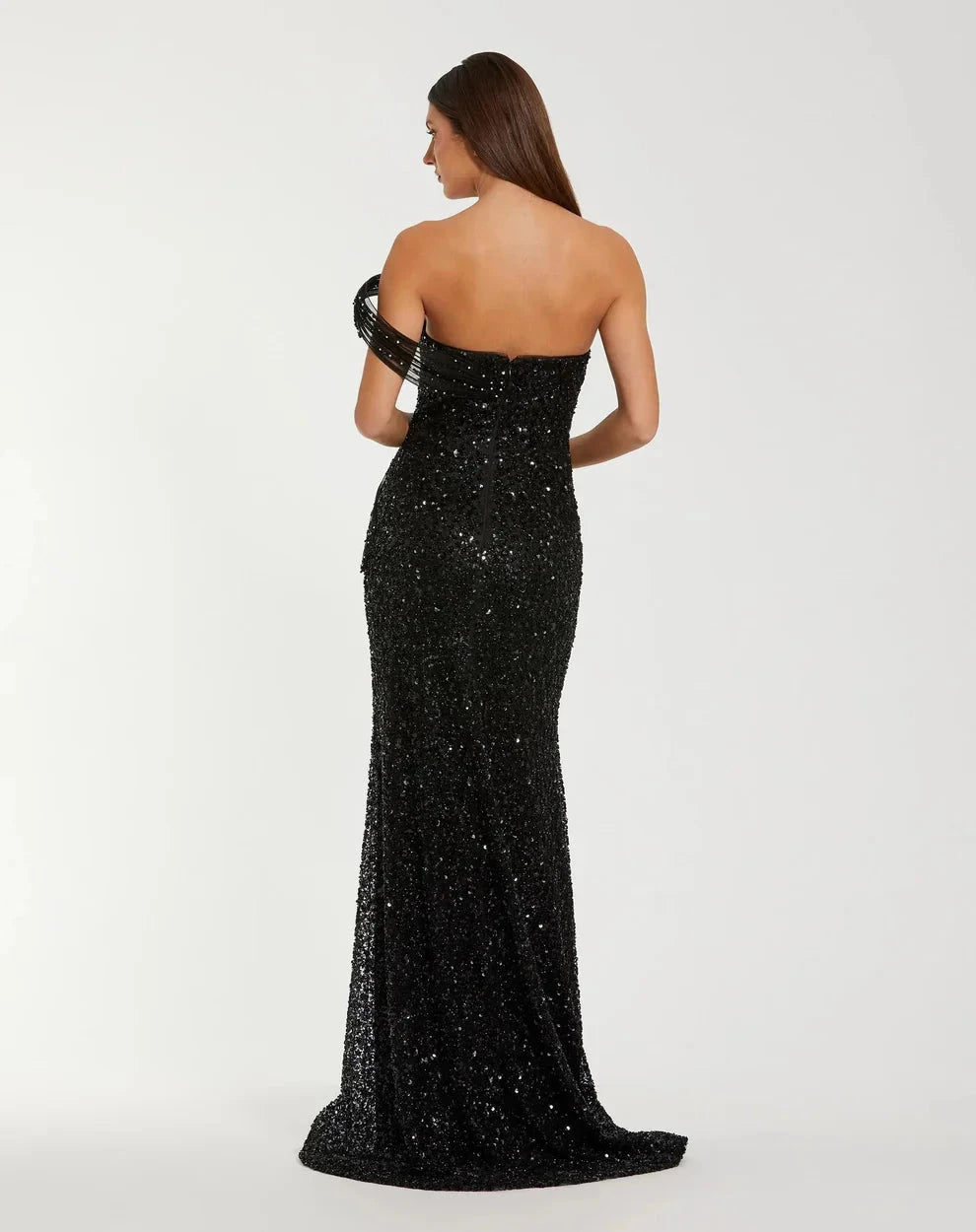 Glamorous Form-Fitting Mermaid Silhouette Off-the-Shoulder Tulle Strap Sequin Maxi Evening Dress by LANQI DRESS