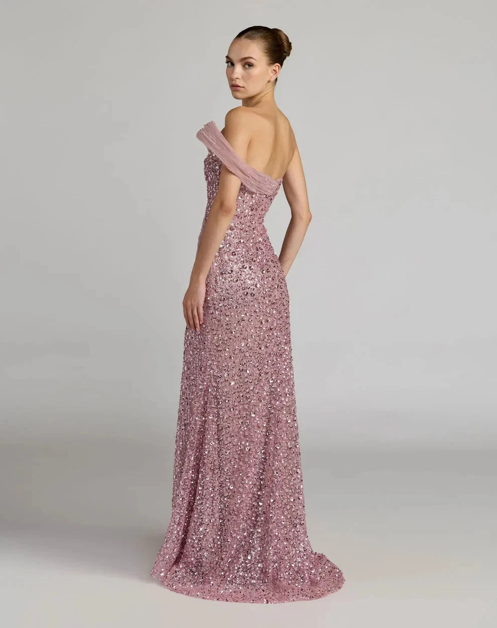 Glamorous Form-Fitting Mermaid Silhouette Off-the-Shoulder Tulle Strap Sequin Maxi Evening Dress by LANQI DRESS