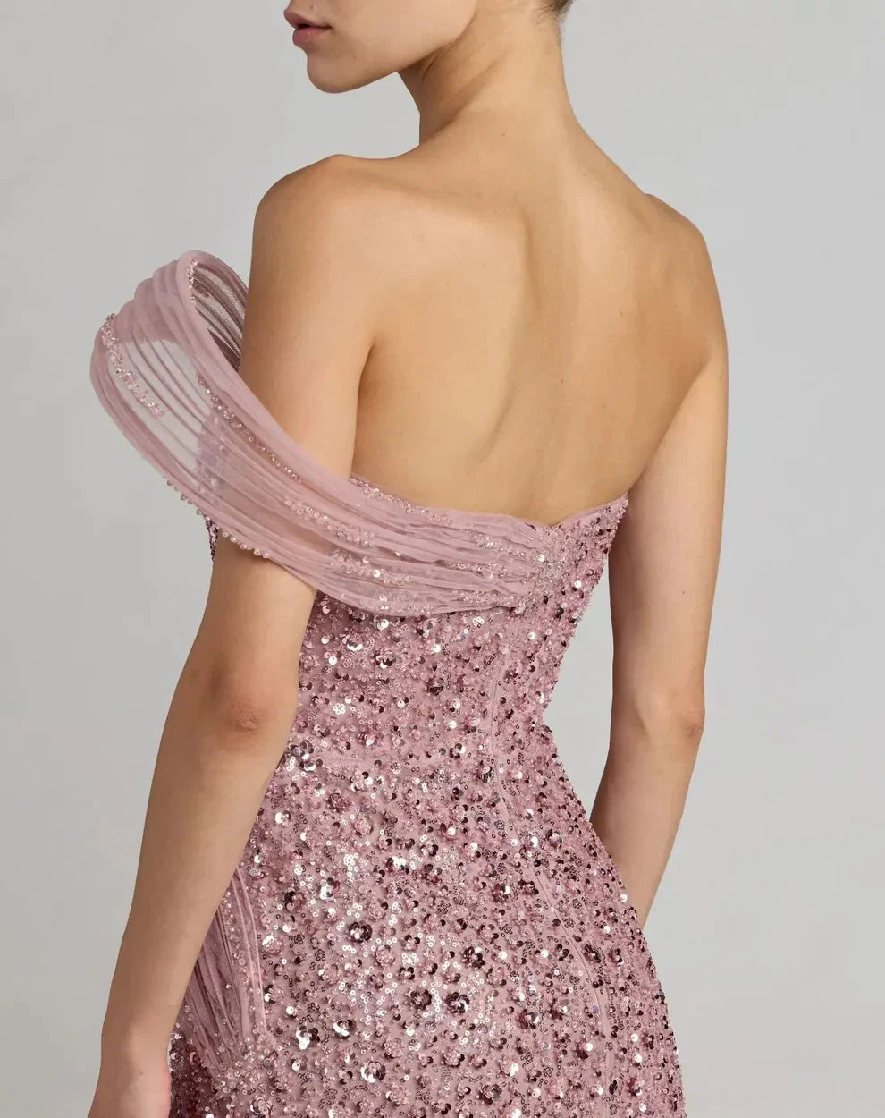 Glamorous Form-Fitting Mermaid Silhouette Off-the-Shoulder Tulle Strap Sequin Maxi Evening Dress by LANQI DRESS