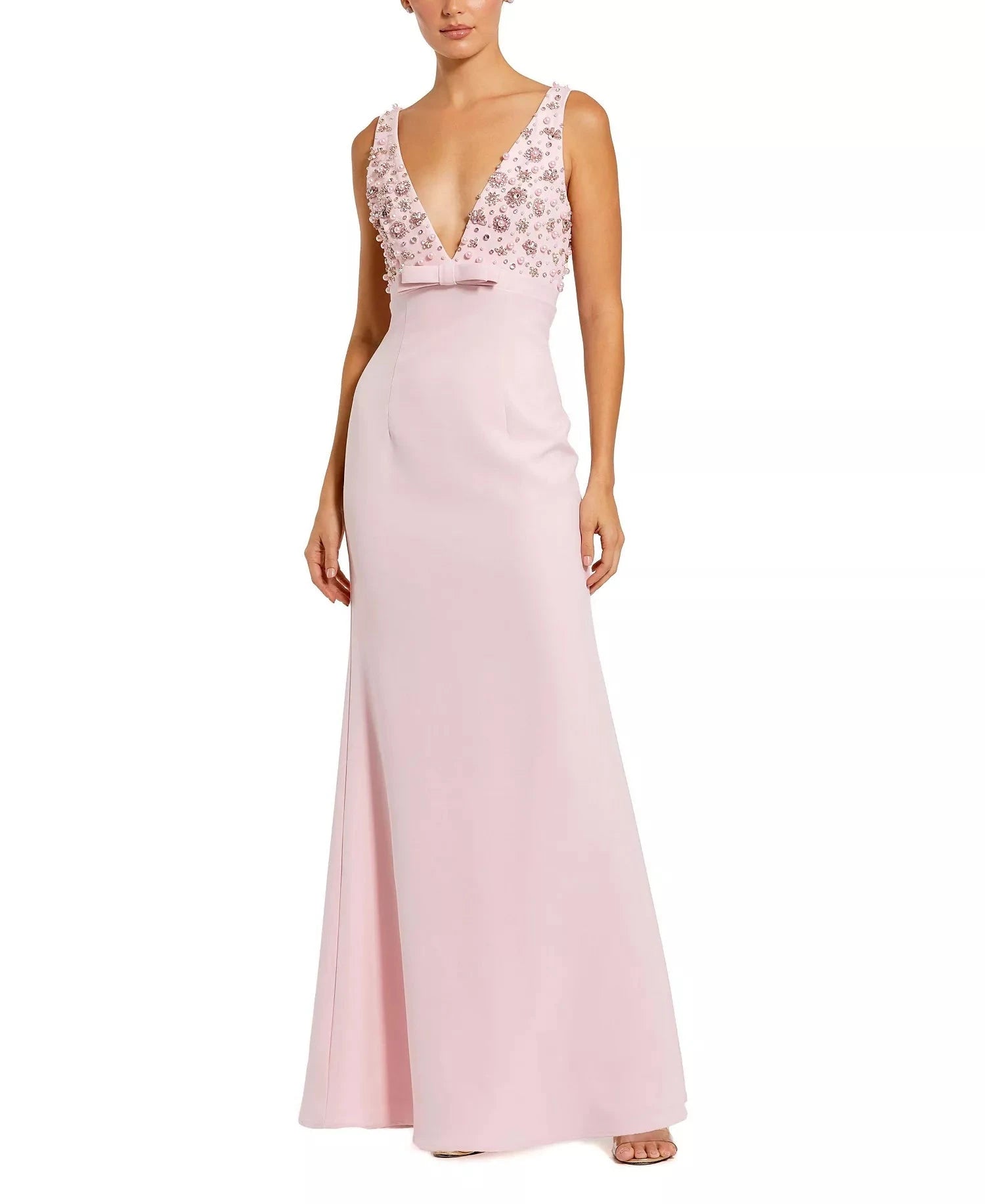 Glamorous Form-Fitting Mermaid Silhouette V-Neck Sleeveless Beaded Pearl Bow Maxi Evening Dress by LANQI DRESS
