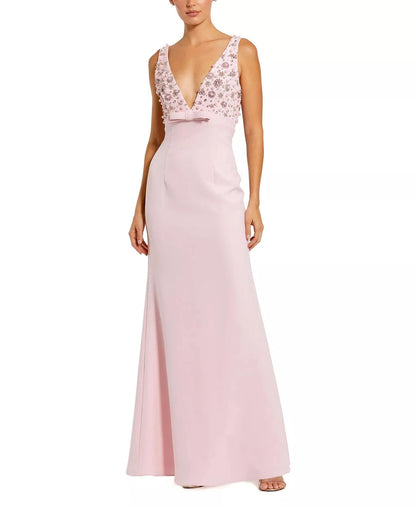 Glamorous Form-Fitting Mermaid Silhouette V-Neck Sleeveless Beaded Pearl Bow Maxi Evening Dress by LANQI DRESS