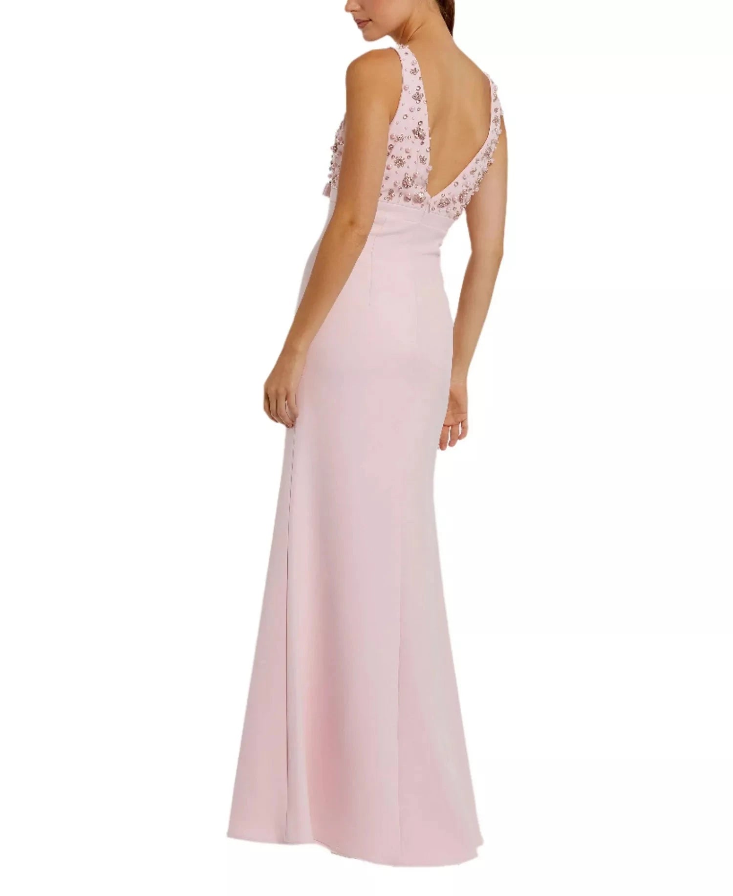Glamorous Form-Fitting Mermaid Silhouette V-Neck Sleeveless Beaded Pearl Bow Maxi Evening Dress by LANQI DRESS