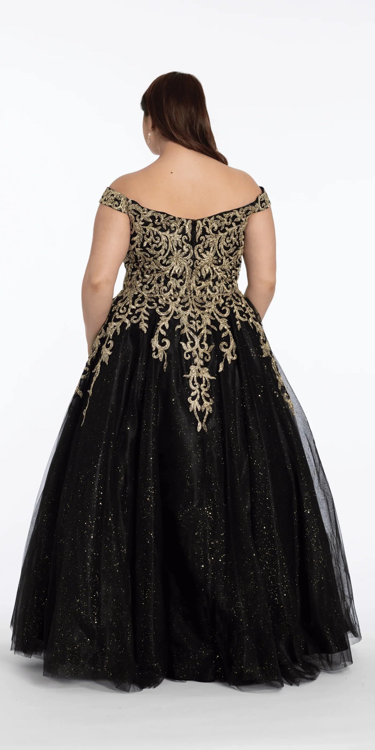 Glamuroso vestido de gala de tul brillante con hombros descubiertos, escote corazón, manga corta, largo hasta el suelo, aplique de encaje dorado para eventos formales