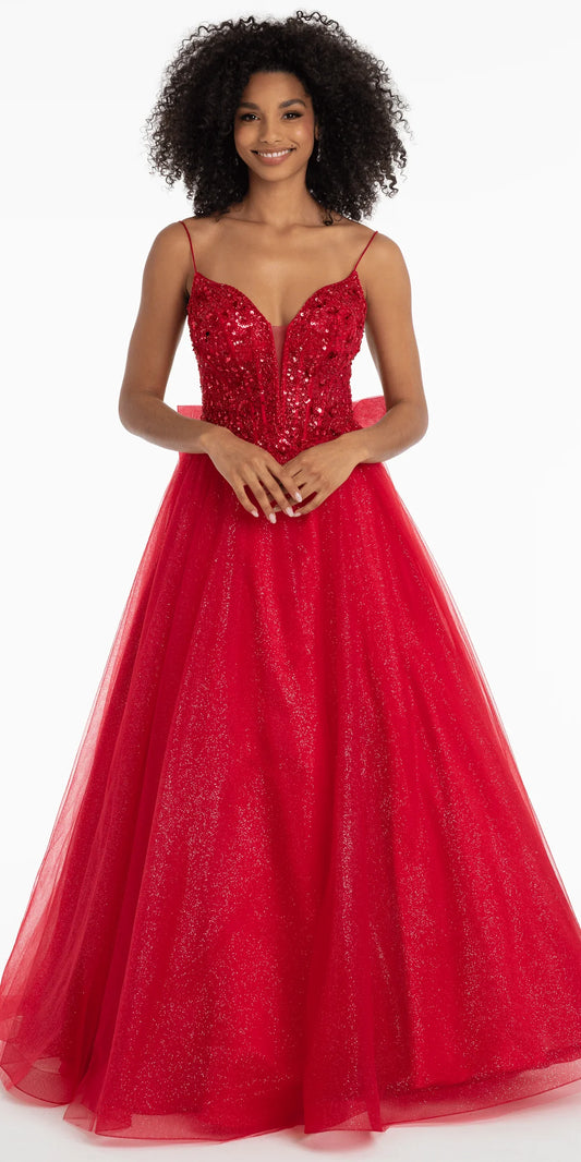 Glamorous Glitter Tulle Ball Dress Sweetheart Neck Spaghetti Strap Floor-Length Prom Dress with Beaded Bodice and Back Bow for Formal Events