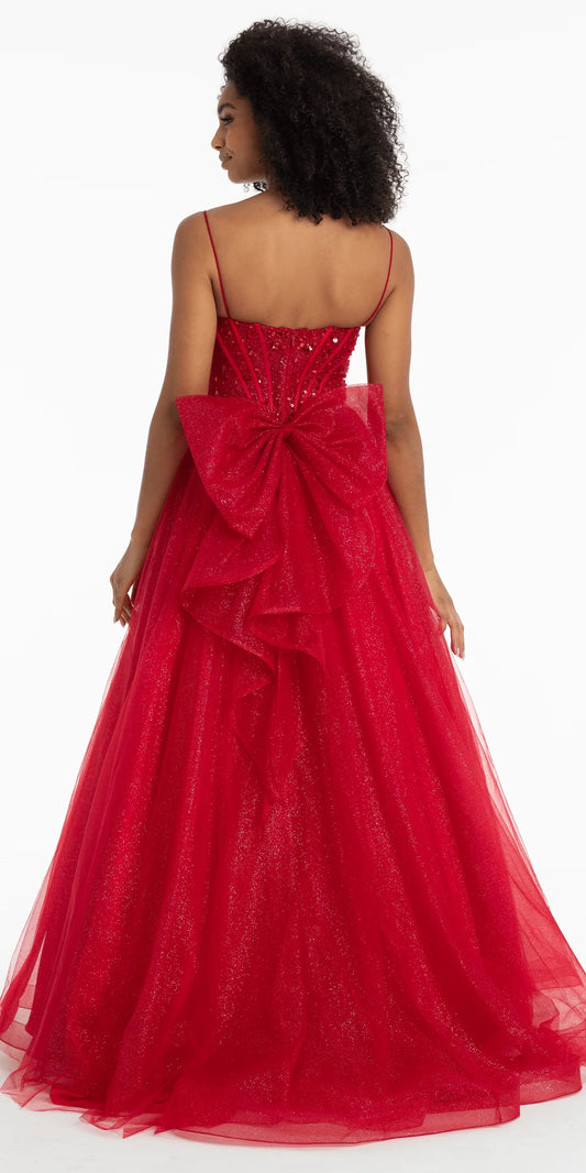 Glamorous Glitter Tulle Ball Dress Sweetheart Neck Spaghetti Strap Floor-Length Prom Dress with Beaded Bodice and Back Bow for Formal Events