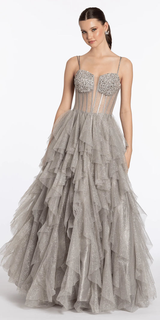 Glamorous Glitter Tulle Ball Dress Sweetheart Neck Spaghetti Strap Lace-Up Back Floor-Length Prom Dress with Beaded Bust for Formal Events