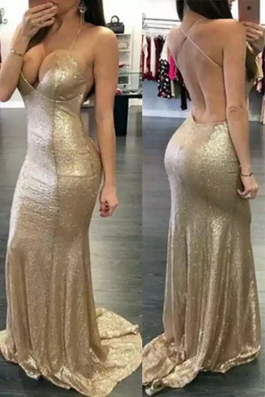 Glamorous Gold Sequin Mermaid Dress with Halter Neck & Open Back