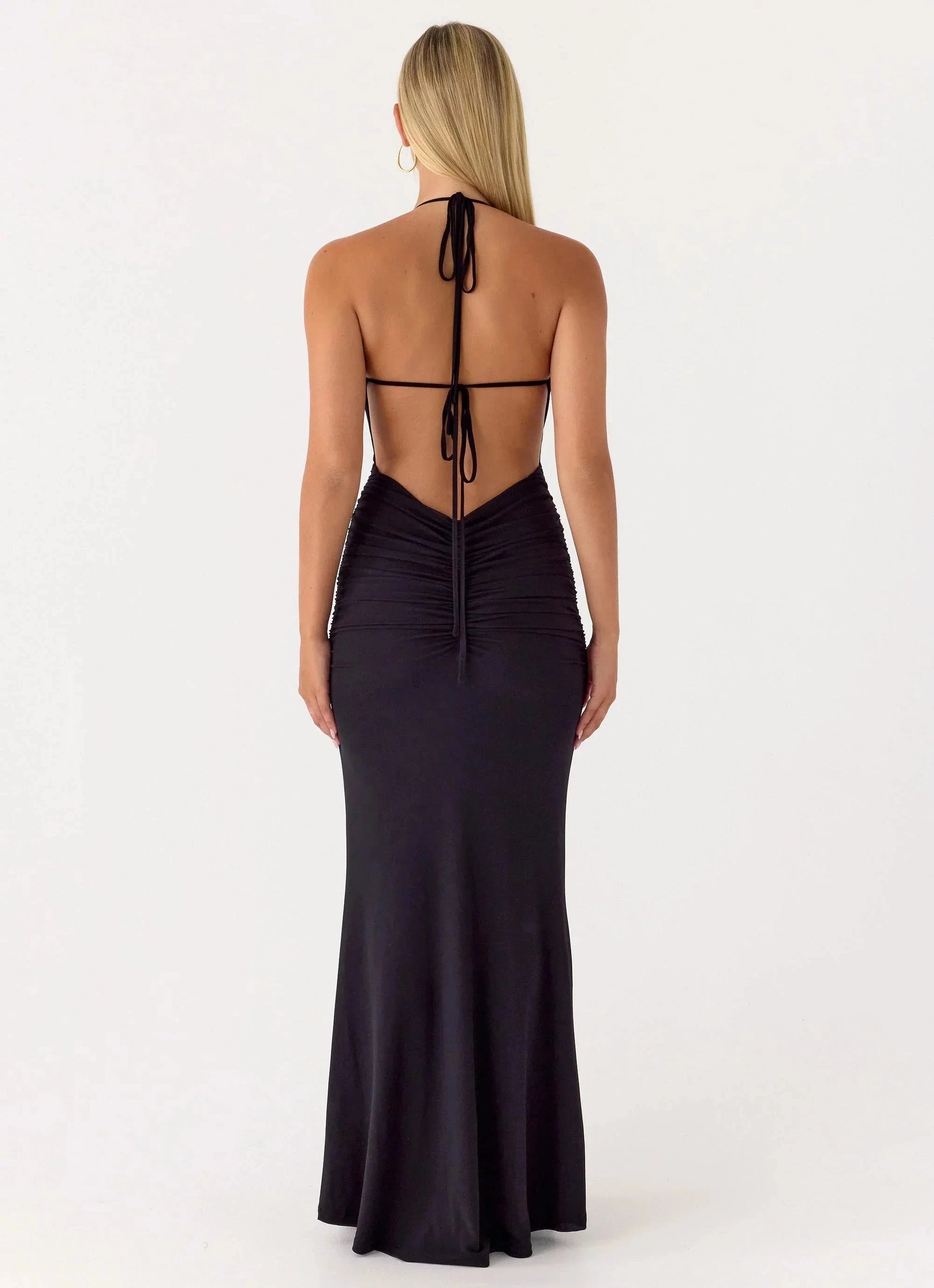 Glamorous Halter Neck Sleeveless Ruched Open-Back Mermaid Floor-Length Evening Dress by YiHuiw