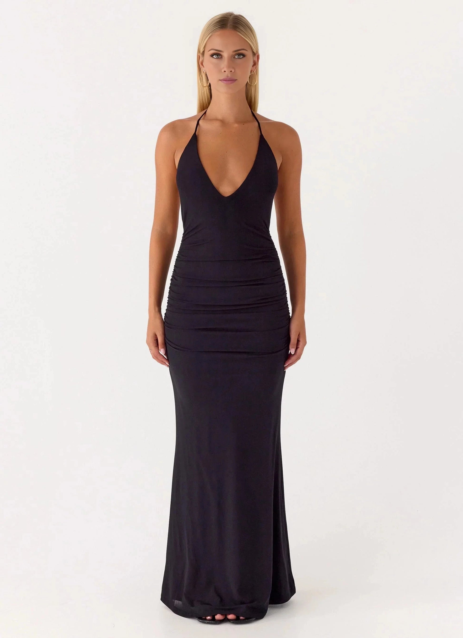 Glamorous Halter Neck Sleeveless Ruched Open-Back Mermaid Floor-Length Evening Dress by YiHuiw