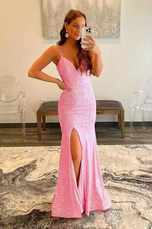 Glamorous Hot Pink Sequin Mermaid Dress with Plunge V-Neck & Lace-Up Back