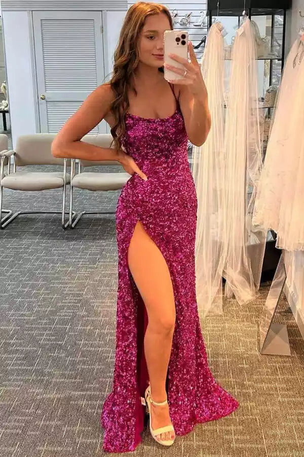 Robe sirène glamour rose vif à paillettes avec encolure carrée et dos lacé
