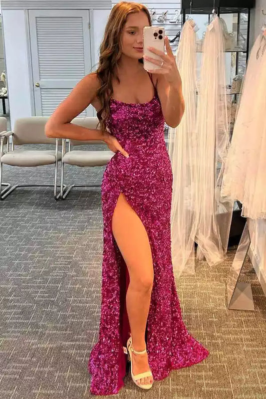 Glamorous Hot Pink Sequin Mermaid Dress with Square Neck & Lace-Up Back