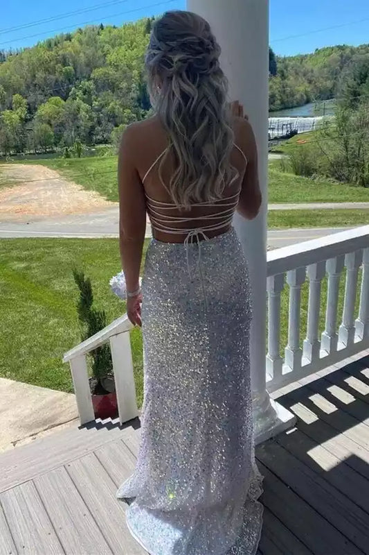 Glamorous Iridescent Sequin Mermaid Dress with Halter Neck & Lace-Up Back