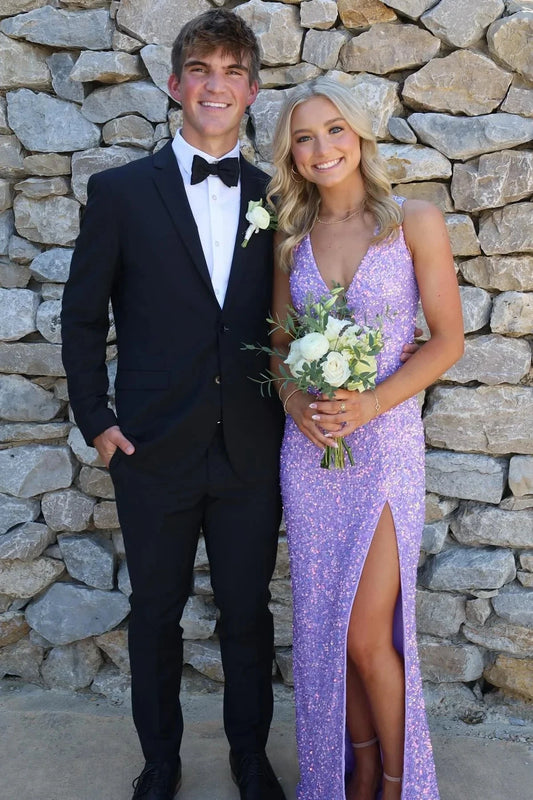 Glamorous Lavender Sequin Prom Dress with Plunging V-Neck, Lace-Up Back and High Slit by JiMiss Dresses