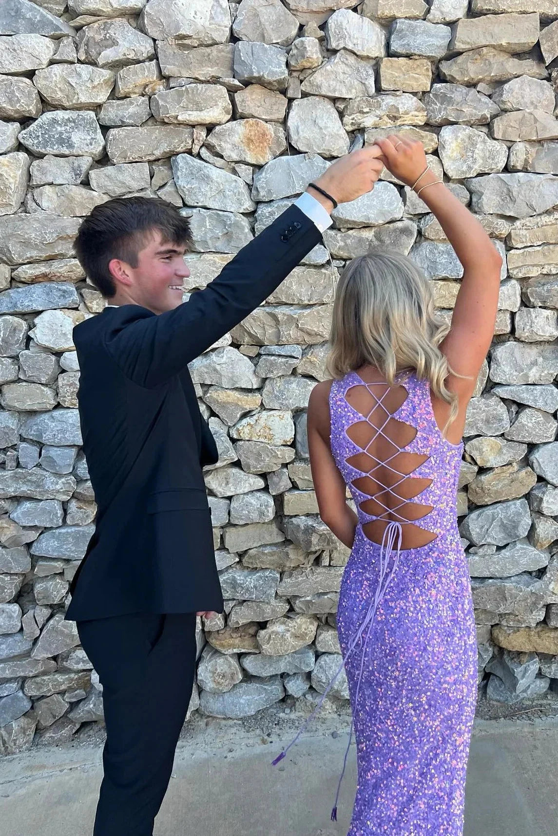 Glamorous Lavender Sequin Prom Dress with Plunging V-Neck, Lace-Up Back and High Slit by JiMiss Dresses