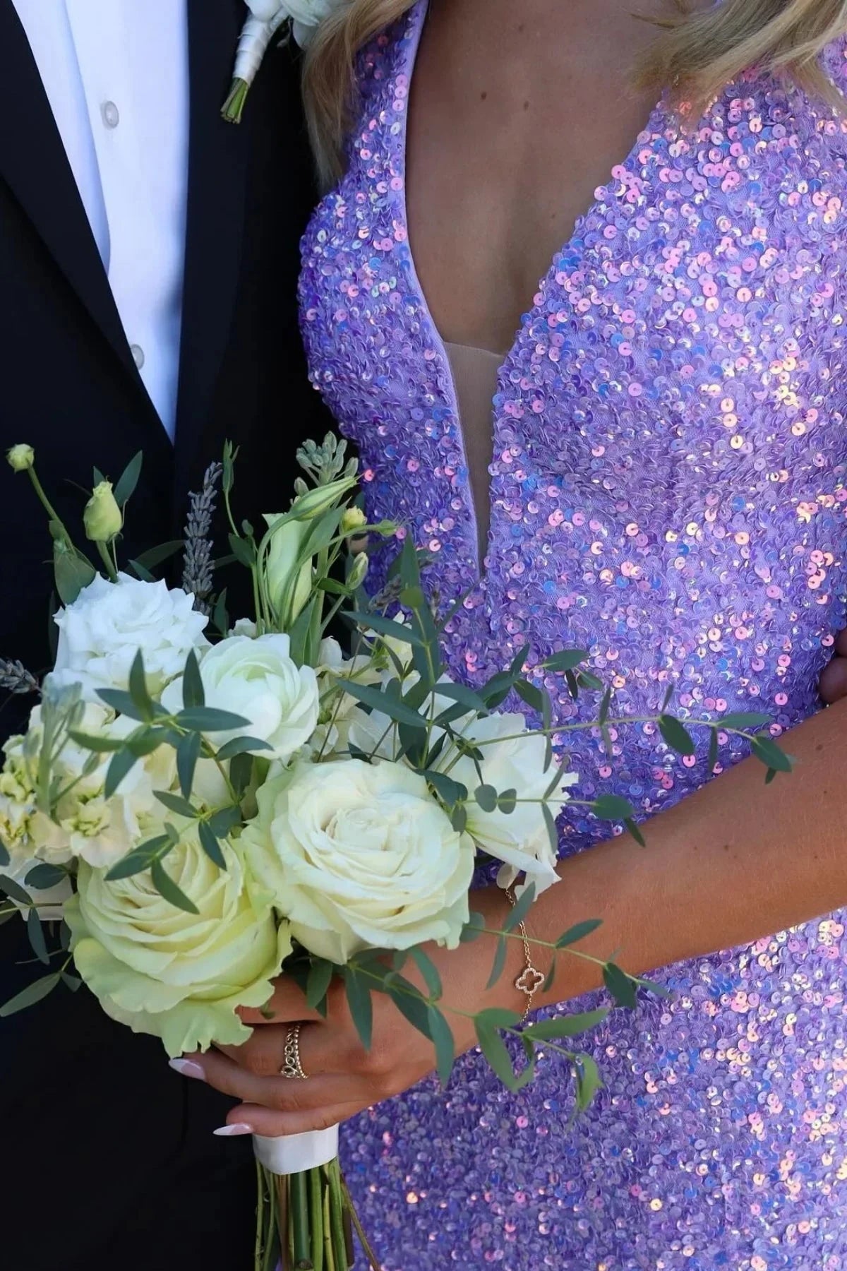 Glamorous Lavender Sequin Prom Dress with Plunging V-Neck, Lace-Up Back and High Slit by JiMiss Dresses