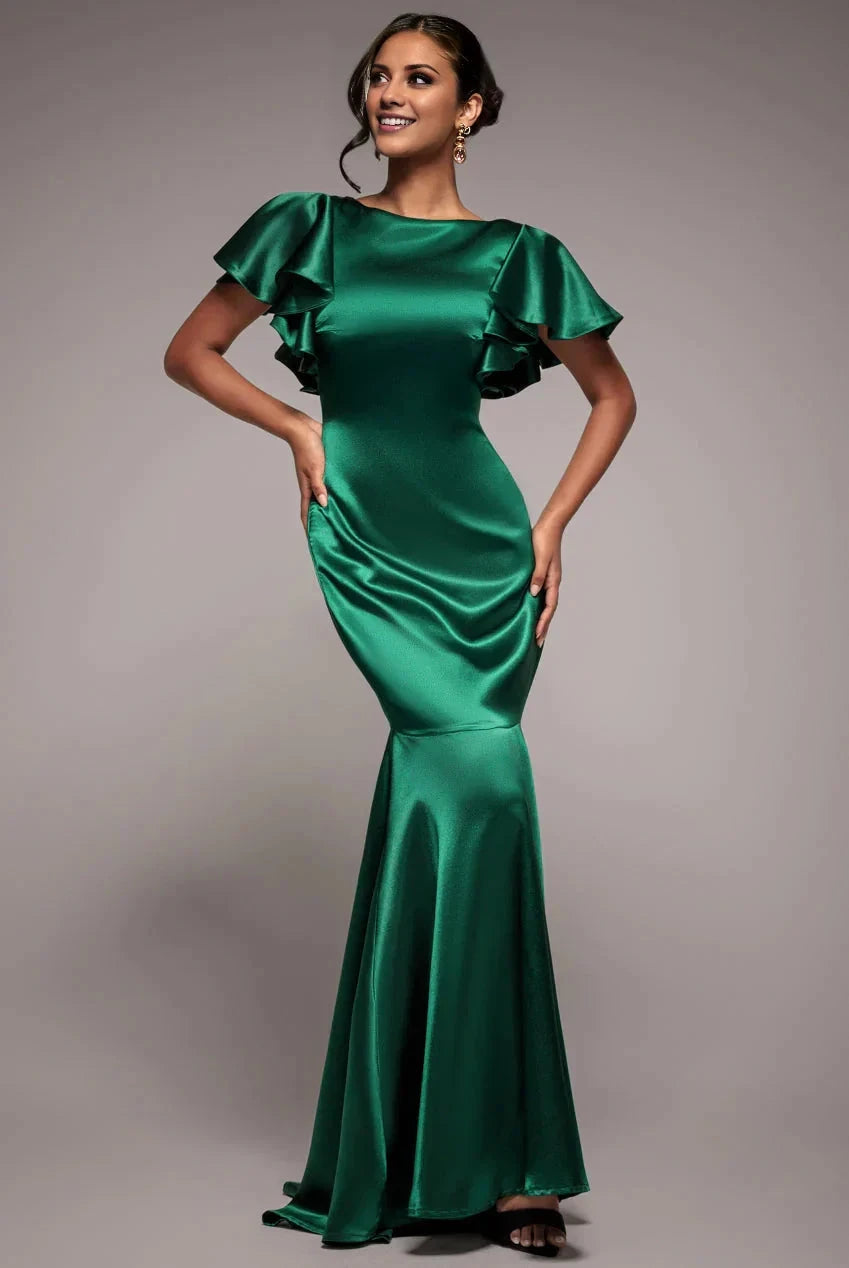 Glamorous Luxe Scoop Neck Ruffled Sleeve V-Back Satin Mermaid Formal Floor-Length Evening Dress by YiHuiw