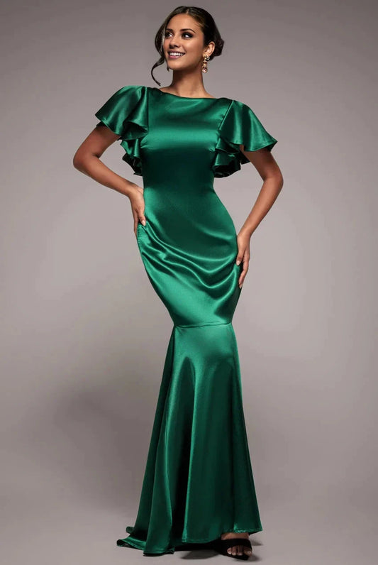 Glamorous Luxe Scoop Neck Ruffled Sleeve V-Back Satin Mermaid Formal Floor-Length Evening Dress by YiHuiw