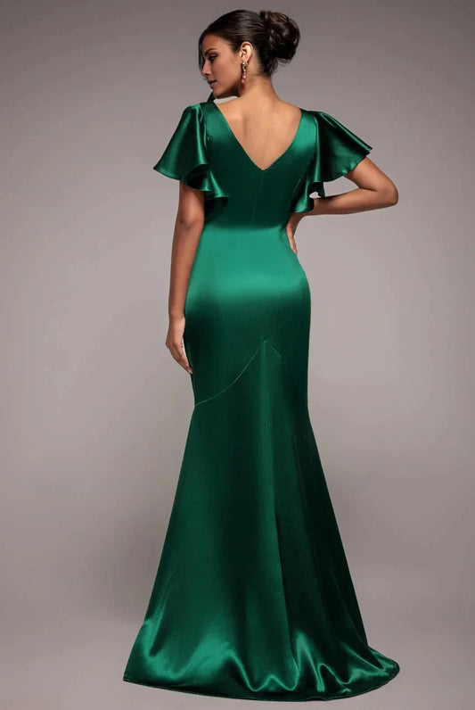 Glamorous Luxe Scoop Neck Ruffled Sleeve V-Back Satin Mermaid Formal Floor-Length Evening Dress by YiHuiw