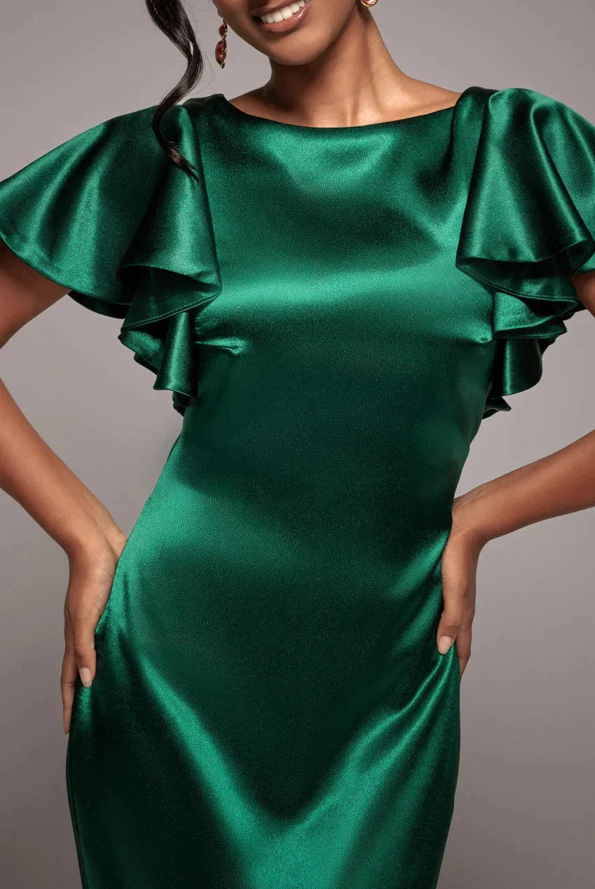 Glamorous Luxe Scoop Neck Ruffled Sleeve V-Back Satin Mermaid Formal Floor-Length Evening Dress by YiHuiw