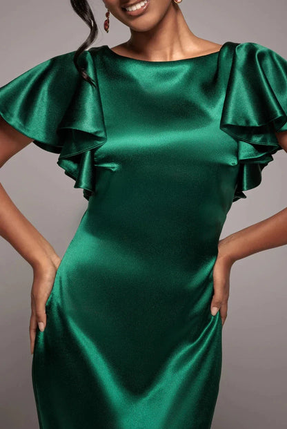 Glamorous Luxe Scoop Neck Ruffled Sleeve V-Back Satin Mermaid Formal Floor-Length Evening Dress by YiHuiw