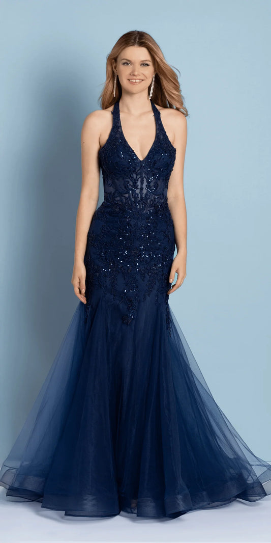 Glamorous Mermaid Halter Sleeveless Sequin-Appliqué Open Back Floor-Length Evening Dresses