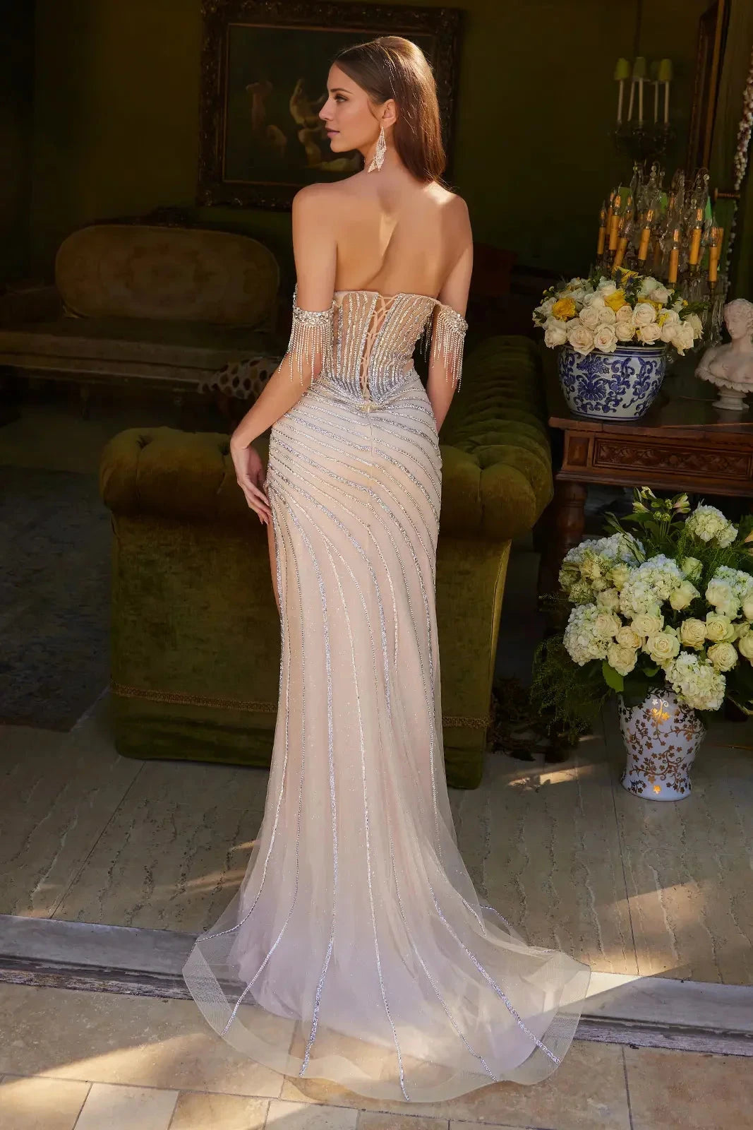Glamorous Mermaid Off-Shoulder Fringe-Trim Sheer-Back Slit Train-Length Evening Dress by YiHuiw