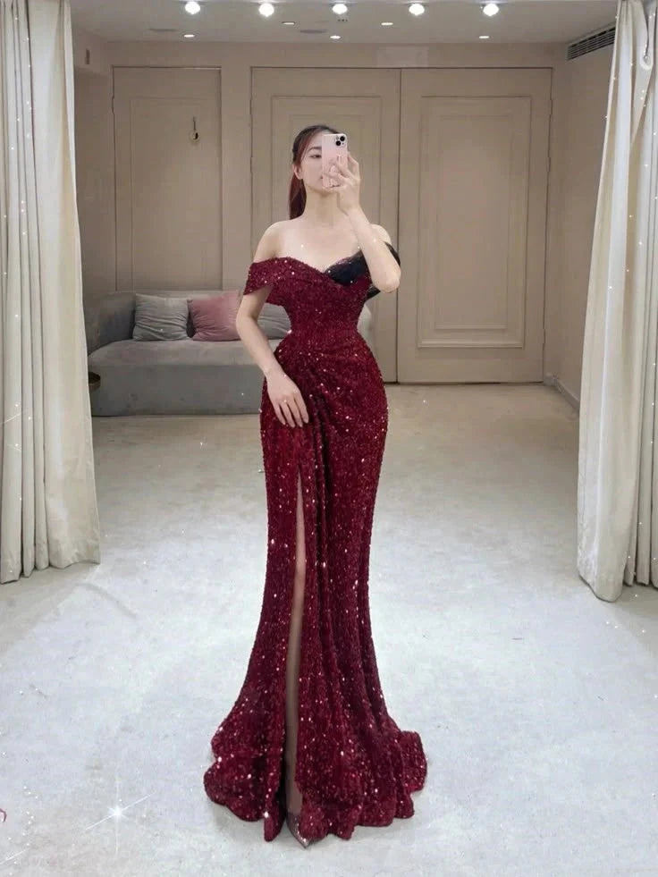 Glamorous Mermaid Off The Shoulder Sequin Burgundy Long Evening Party Gowns Evening Special Formal Dresses Prom Dress by YiHuiw