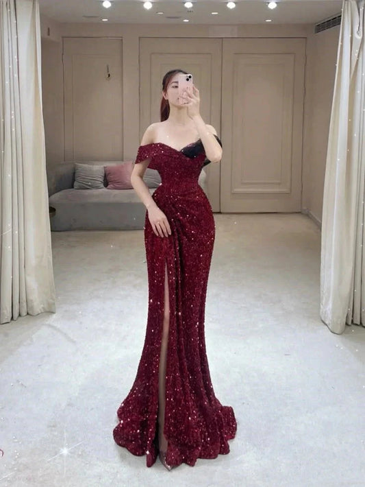 Glamorous Mermaid Off The Shoulder Sequin Burgundy Long Evening Party Gowns Evening Special Formal Dresses Prom Dress by YiHuiw