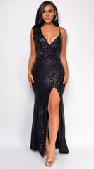 Glamorous Mermaid One-Shoulder Neck Plunging Open-Back High-Slit Floor-Length Evening Dress